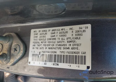 2009 Honda Accord 2.4 Ex from USA, damaged, VIN 1HGCP26719A129284